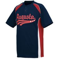 100% polyester wicking knit. 92% polyester/8% spandex pinhole mesh inserts. Wicks moisture away from the body. Heat sealed label. Self-fabric collar. Front and back of jersey are wicking knit. Contrast color pinhole mesh sleeve and side inserts for breathability. Contrast piping in sleeve and side seams. Raglan sleeves. Two-button placket. Double-needle hemmed sleeves and bottom.