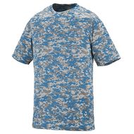 Roller printed for easy embellishment. Reduces chance of dye migration. 100% polyester wicking printed knit. Wicks moisture away from the body. Pad print label. Self-fabric collar. Set-in sleeves. Double-needle hemmed sleeves and bottom.