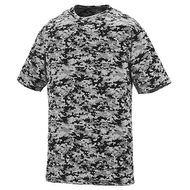 Roller printed for easy embellishment. Reduces chance of dye migration. 100% polyester wicking printed knit. Wicks moisture away from the body. Pad print label. Self-fabric collar. Set-in sleeves. Double-needle hemmed sleeves and bottom.