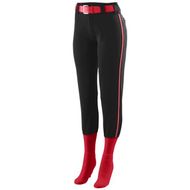 15 ounce 100% polyester mesh back double knit. Ladies' fit. Low rise. Elastic waistband with inside drawcord. Six pro-style belt loops. Two-snap closure. Brass zipper fly. Two set-in double welt back pockets. 3/8" two-color braid on side seam. Reinforced knees. Elastic cuffs.